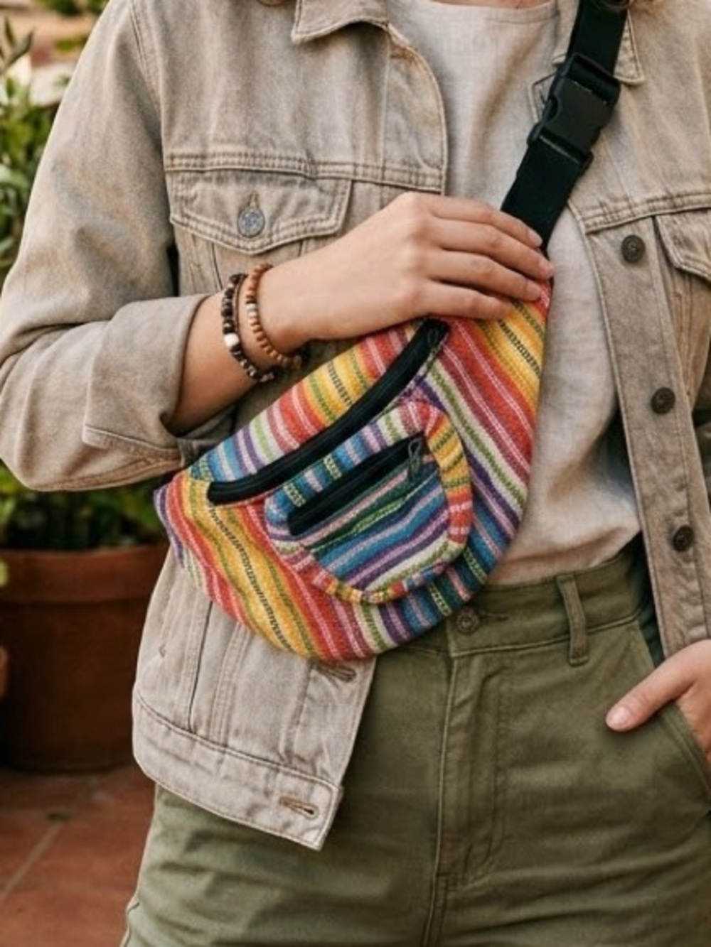 handwoven Guatemalan cotton fanny pack, rainbow stripes, crossbody bag